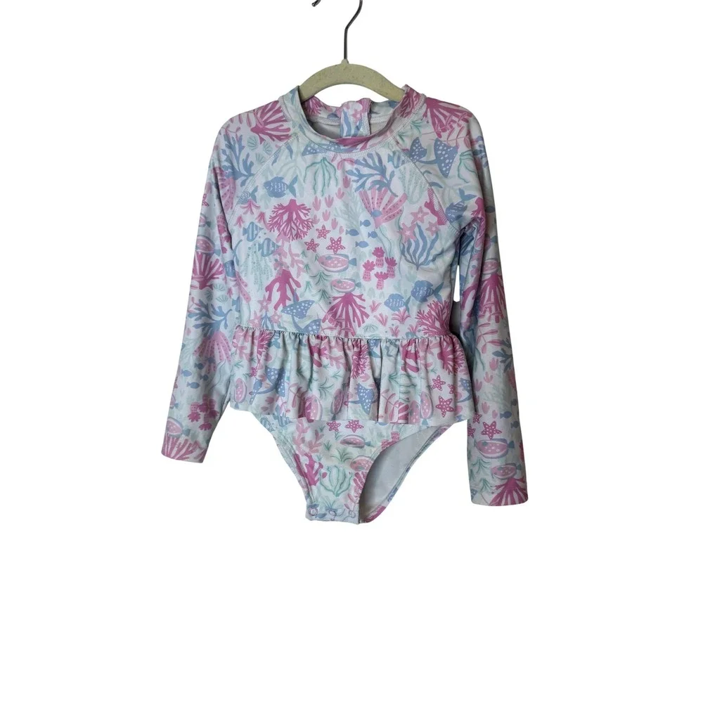 Cynthia Rowley UV-Sun Suit Girls 4T Pink Under‎ The Sea Ruffle Swim Long Sleeve